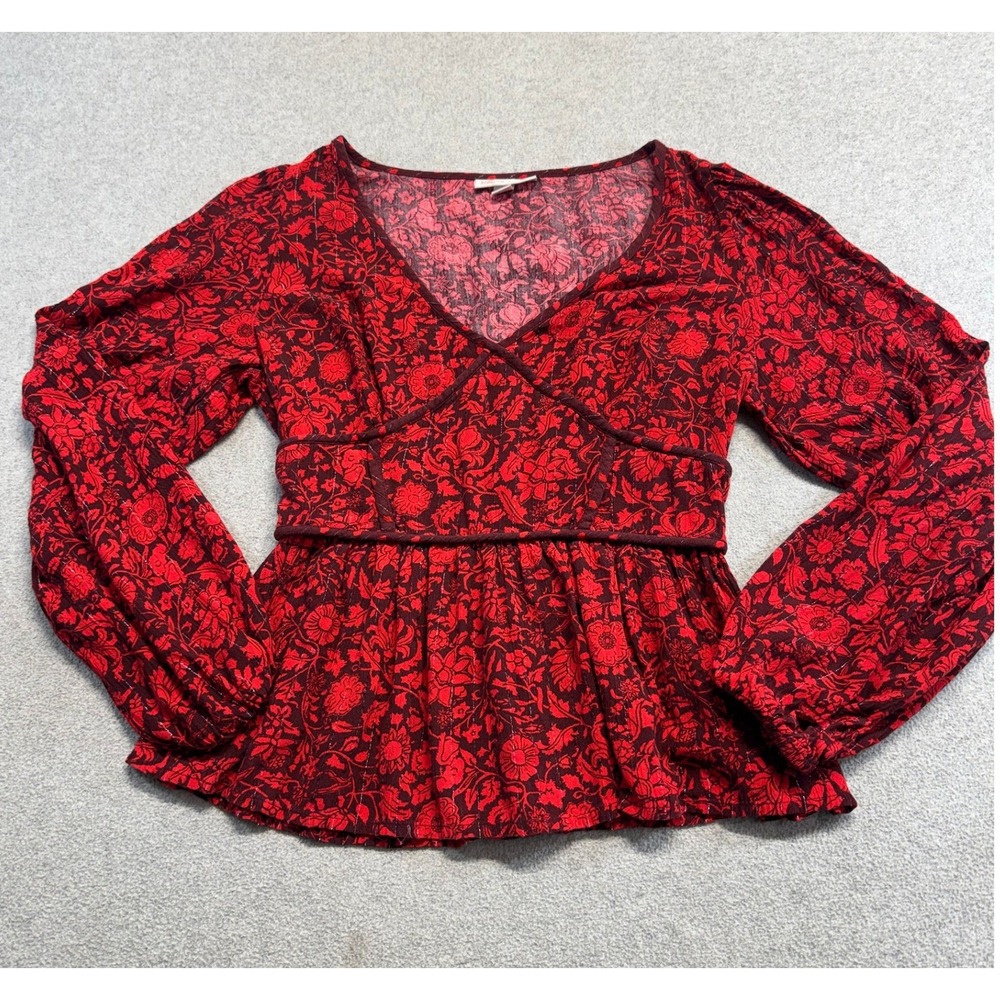 Knox Rose Womens XS Red Floral Peplum Blouse Wrap V Neck Puff Sleeve Boho Top